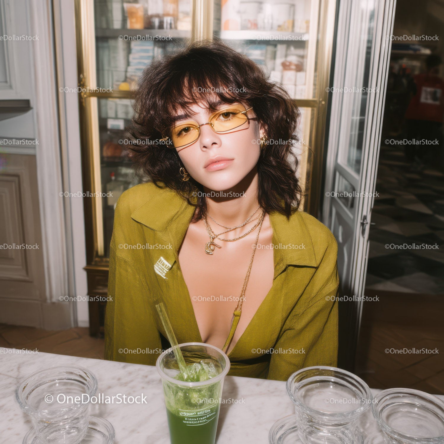 Stylish Woman in Green Dress with Sunglasses Sitting at Cafe