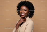 Elegant Portrait of Smiling Black Woman with Curly Hair and Fashionable Look