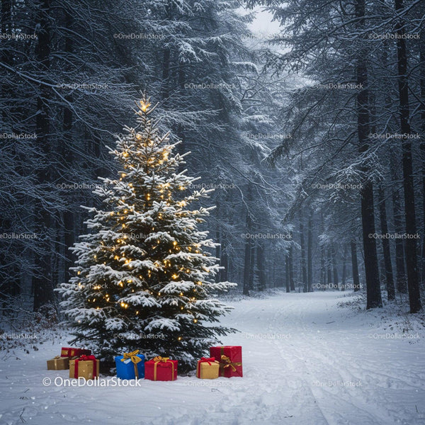 Snowy Christmas Tree with Gifts in Quiet Winter Forest