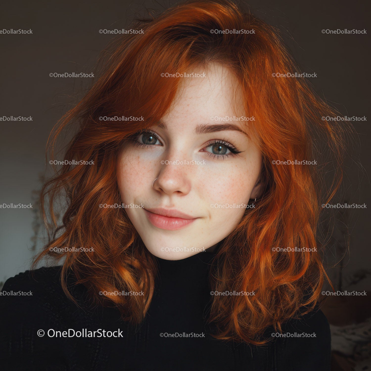 Jaskrawo rudowłosa kobieta z niebieskimi oczami, uśmiechnięty portret
