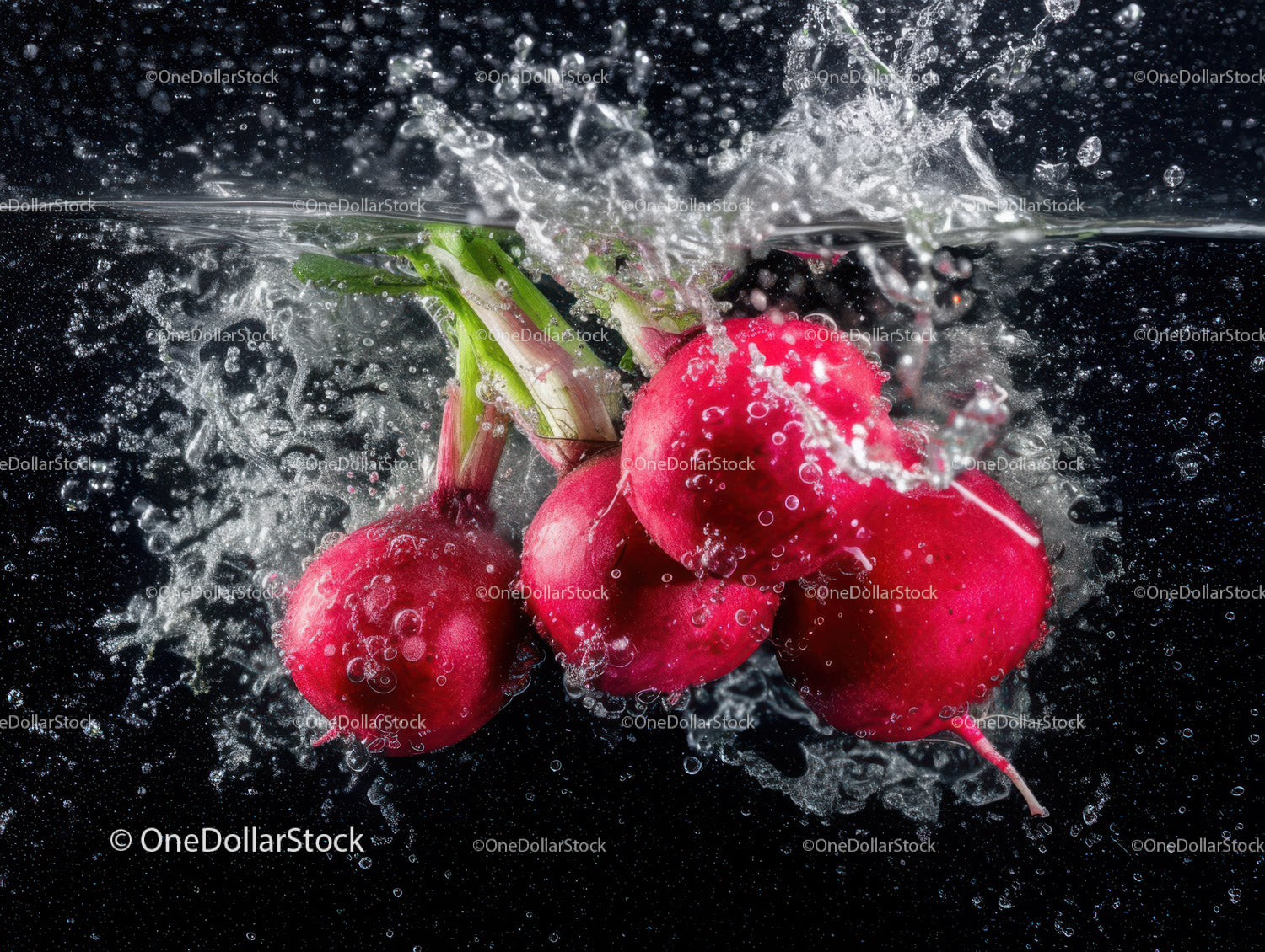 Fresh Radishes Splashing in Water with Vibrant Colors
