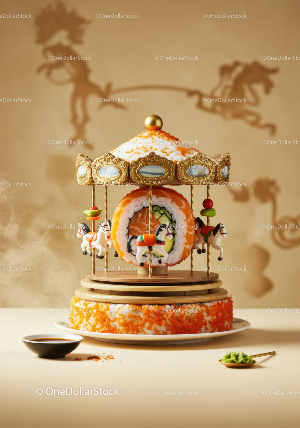 Creative sushi carousel with miniature horse figures