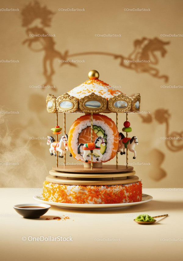 Creative sushi carousel with miniature horse figures