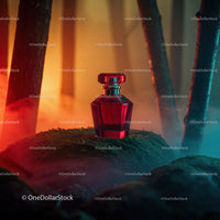 Luxury Red Perfume Bottle in Mystical Forest Scene