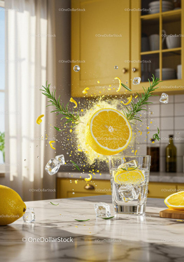 Fresh Lemon Splash with Ice and Herbs in Kitchen