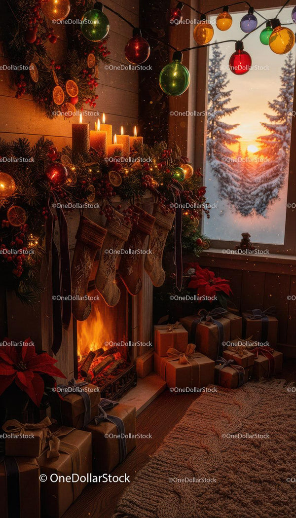 Cozy Christmas Fireplace with Stockings and Gifts