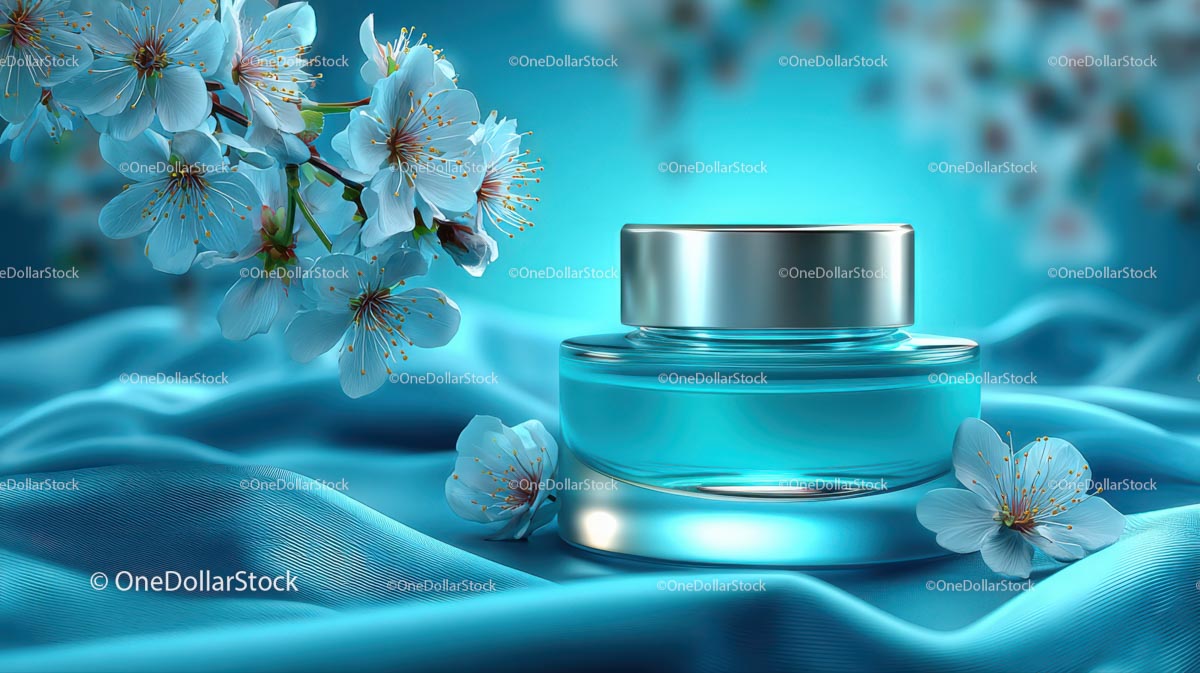 Refreshing Cosmetic Jar with Cherry Blossoms on Blue Silk