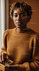 Stylish African Woman in Cozy Sweater Holding Jewelry Box