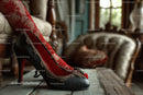 Chic Black Heels and a Red Lace Dress in a Cozy Bedroom Setting