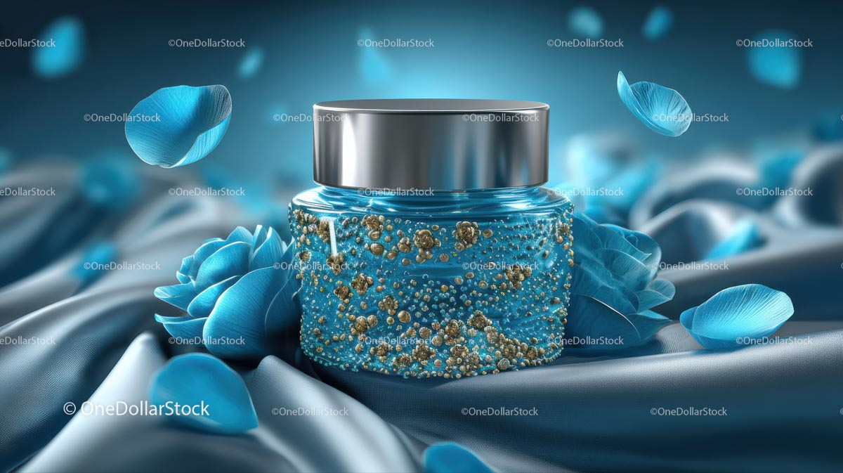 Luxury Blue Cosmetic Jar Surrounded by Elegant Floral Accents