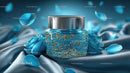 Luxury Blue Cosmetic Jar Surrounded by Elegant Floral Accents