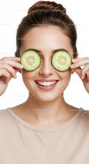 Young Woman with Cucumber Slices Over Eyes Smiling Brightly