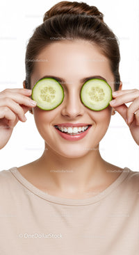 Young Woman with Cucumber Slices Over Eyes Smiling Brightly
