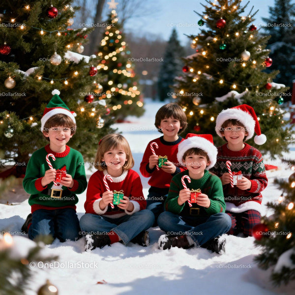 Group of Kids Celebrating Christmas Outdoors in Snow