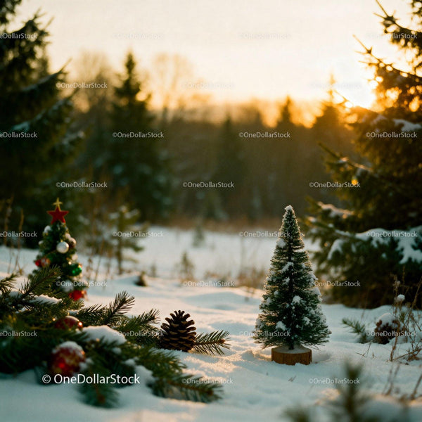 Decorated miniature Christmas trees in snowy winter landscape