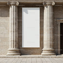 Blank vertical banner between classical stone columns