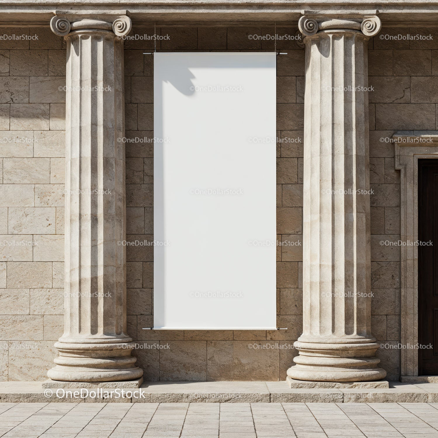 Blank vertical banner between classical stone columns