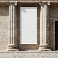 Blank vertical banner between classical stone columns