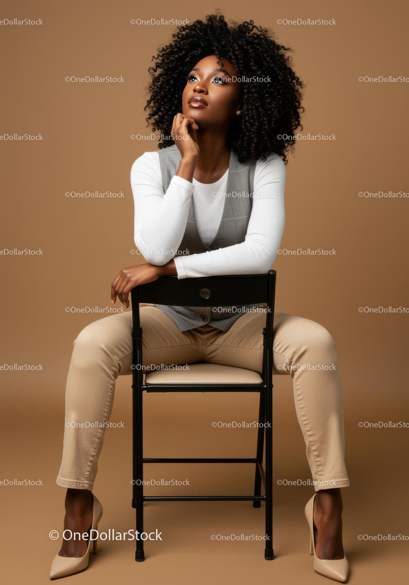 Stylish Woman in Beige Pants and High Heels Sitting on Chair
