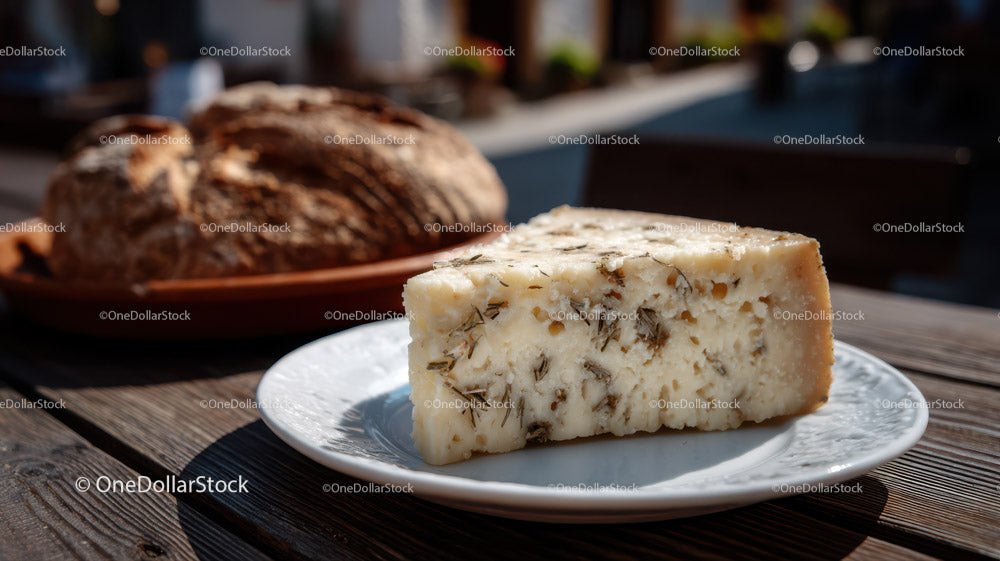 Herb-Infused Cheese Wedge with Rustic Baked Bread on Wooden Table
