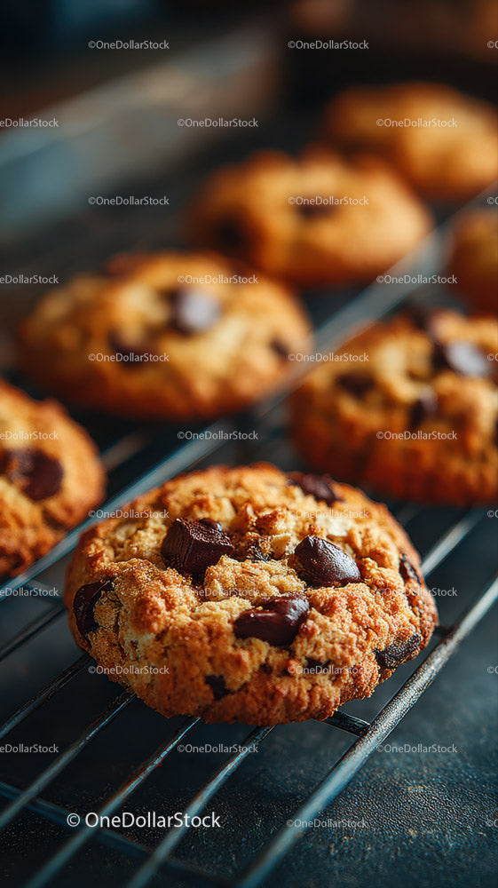 Chocolate Chip Cookies on Wire Rack with Warm Atmosphere