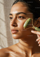 Young Woman Using Jade Roller for Facial Skincare and Relaxation