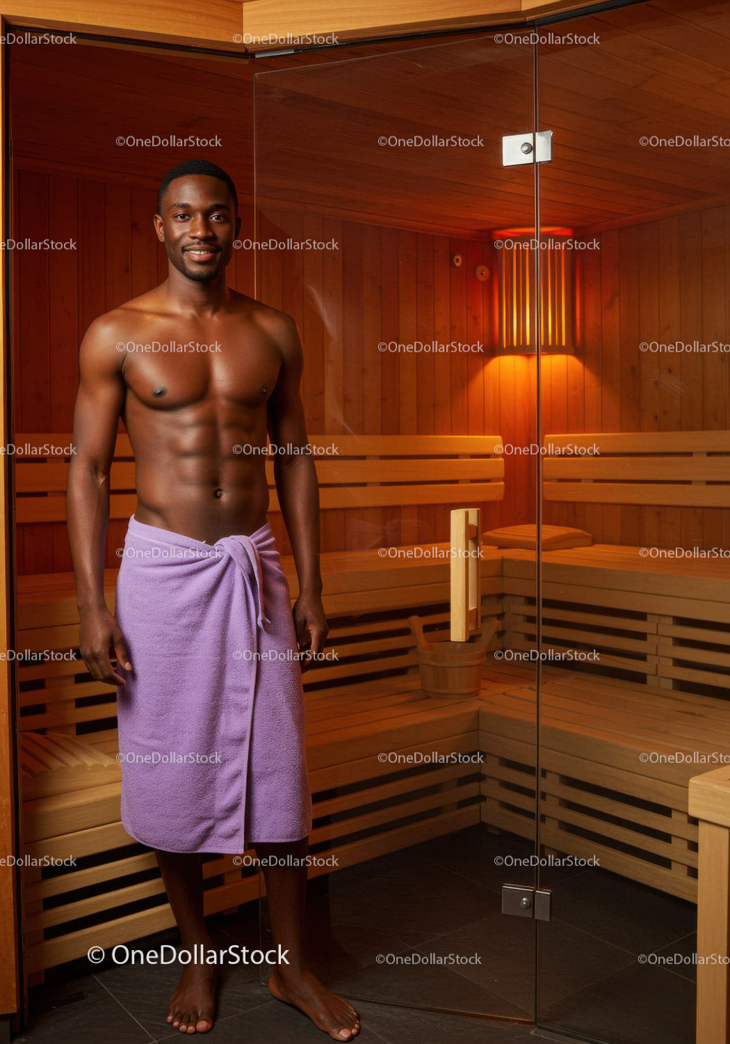 Healthy Man Relaxing in Wooden Sauna Spa with Towel at Wellness Center