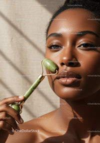 Close-Up of Beautiful Black Woman Using Jade Facial Roller for Skincare