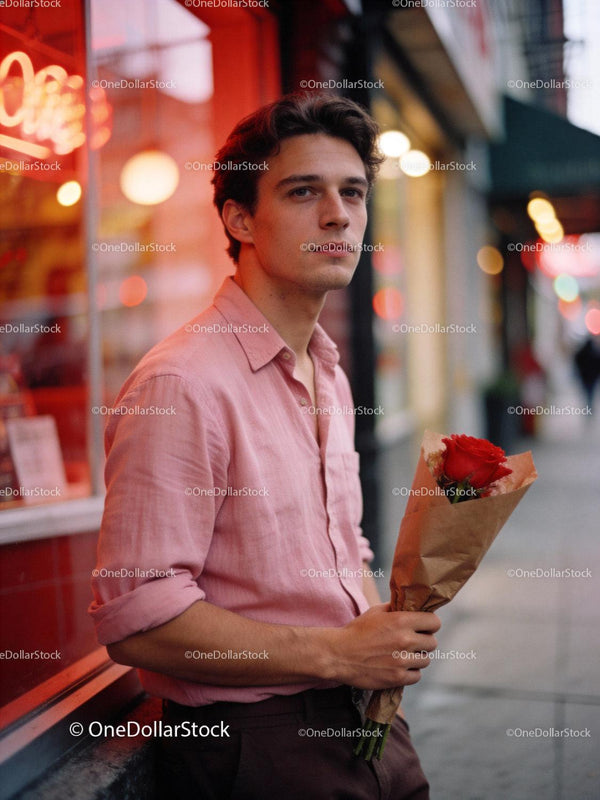 Young man holding red roses on city street at dusk