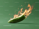 Green Jalapeño Pepper on Fire with Intense Flame Effect