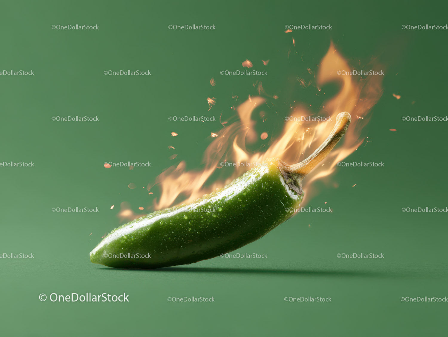 Zielona papryczka jalapeño w ogniu z intensywnym efektem płomienia