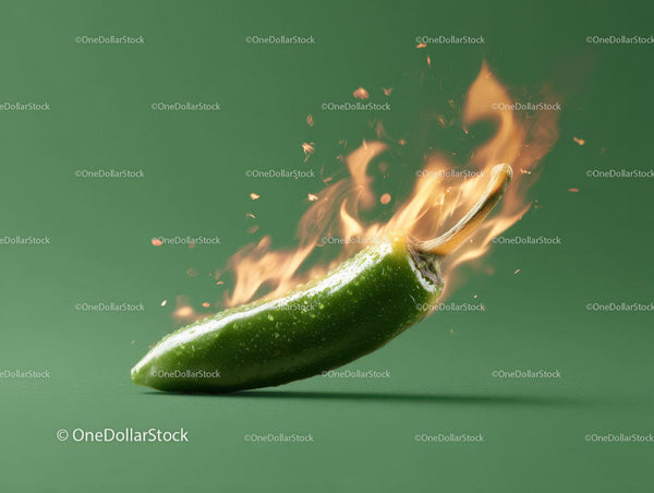 Green Jalapeño Pepper on Fire with Intense Flame Effect