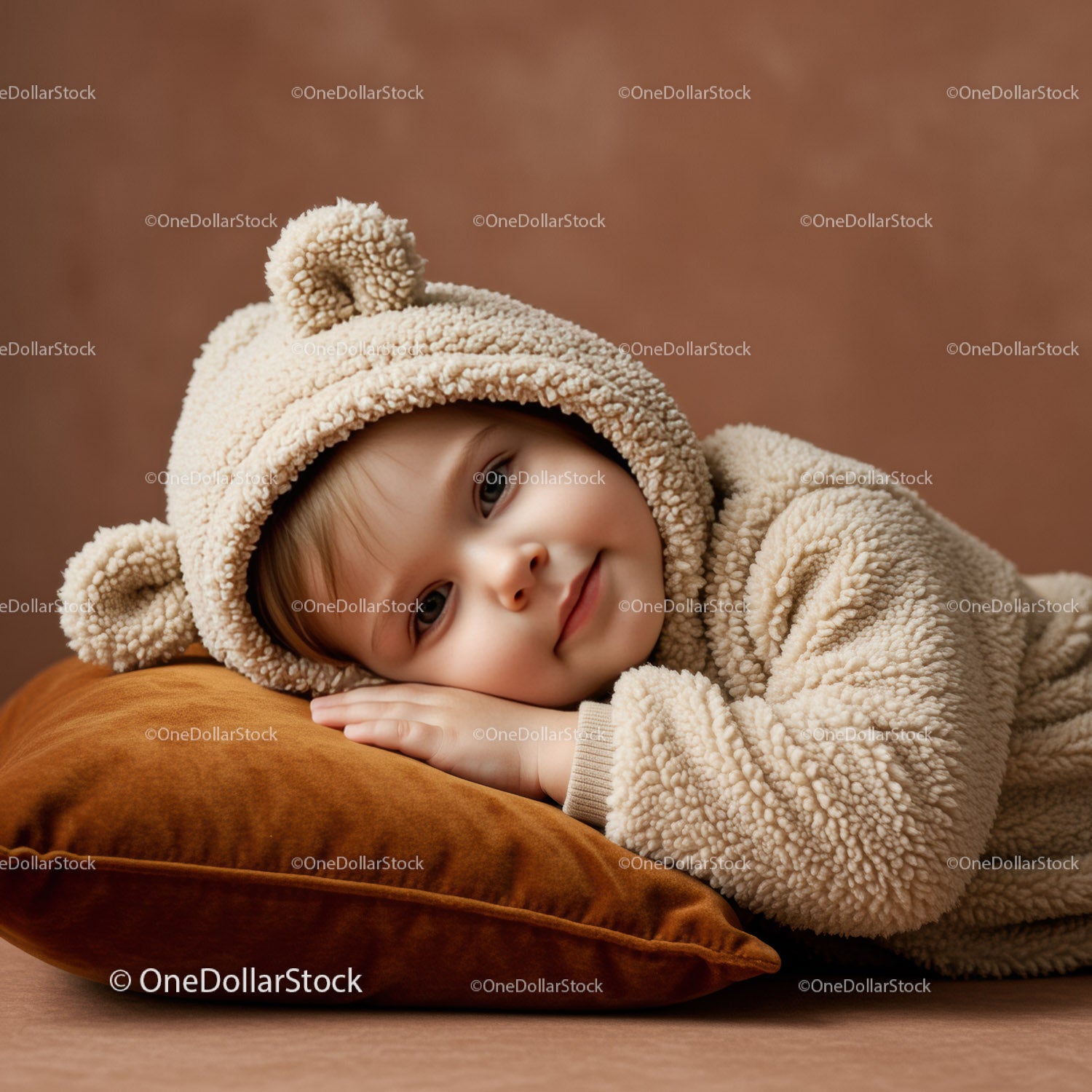 Toddler in Cozy Bear Outfit Resting on Velvet Pillow