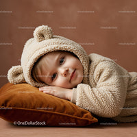 Toddler in Cozy Bear Outfit Resting on Velvet Pillow