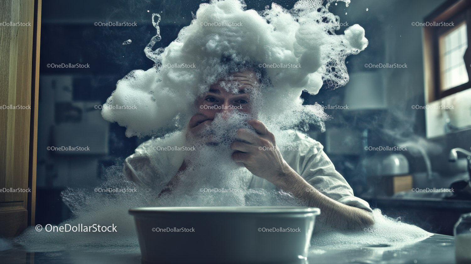 Man with Foamy Hair and Showering in Modern Bathroom