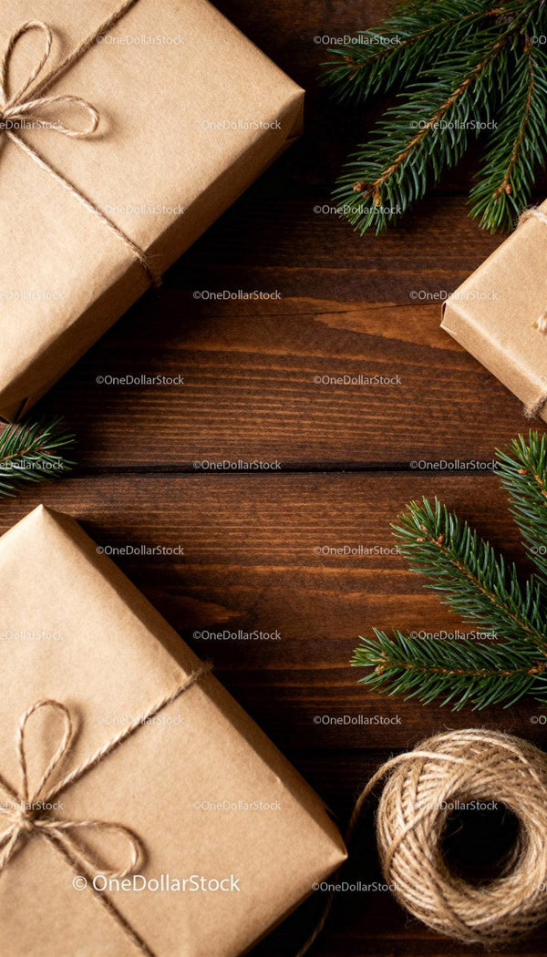 Minimalist rustic wrapped gifts with pine branches