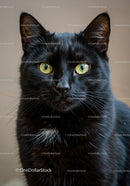 Close up of attentive black cat with bright yellow eyes