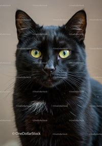 Close up of attentive black cat with bright yellow eyes