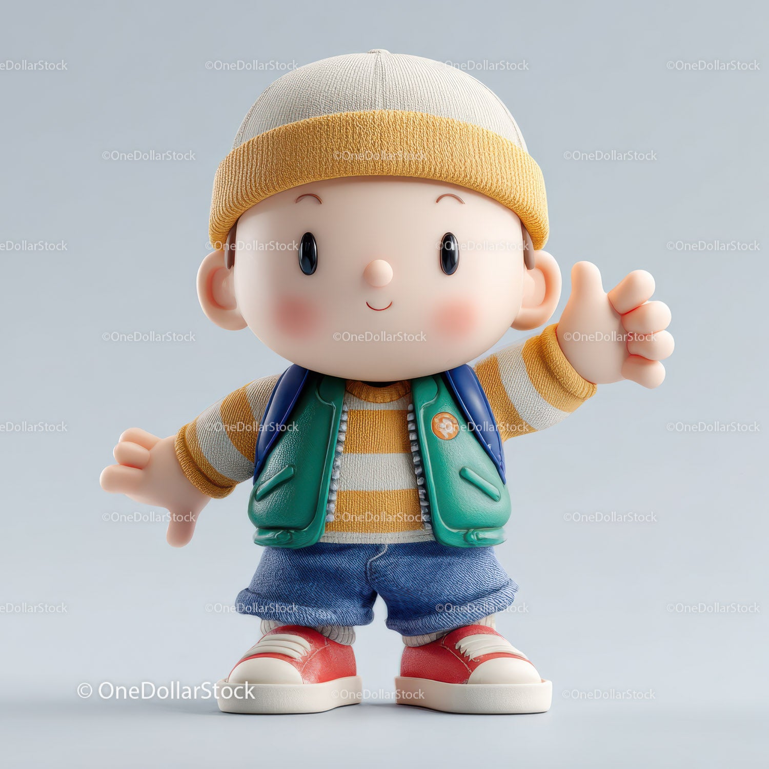 Colorful Cartoon Boy Toy with Backpack and Red Shoes