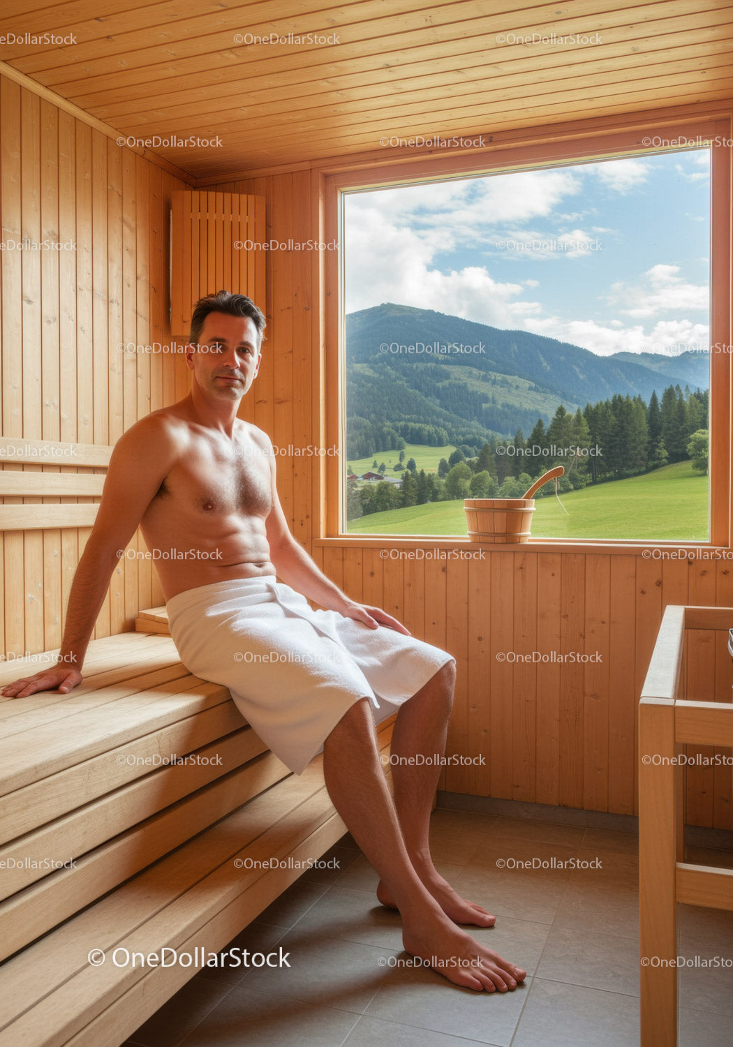 Man Relaxing in Wooden Sauna with Scenic Mountain View