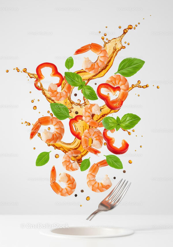 Fresh shrimp with basil and red pepper splash