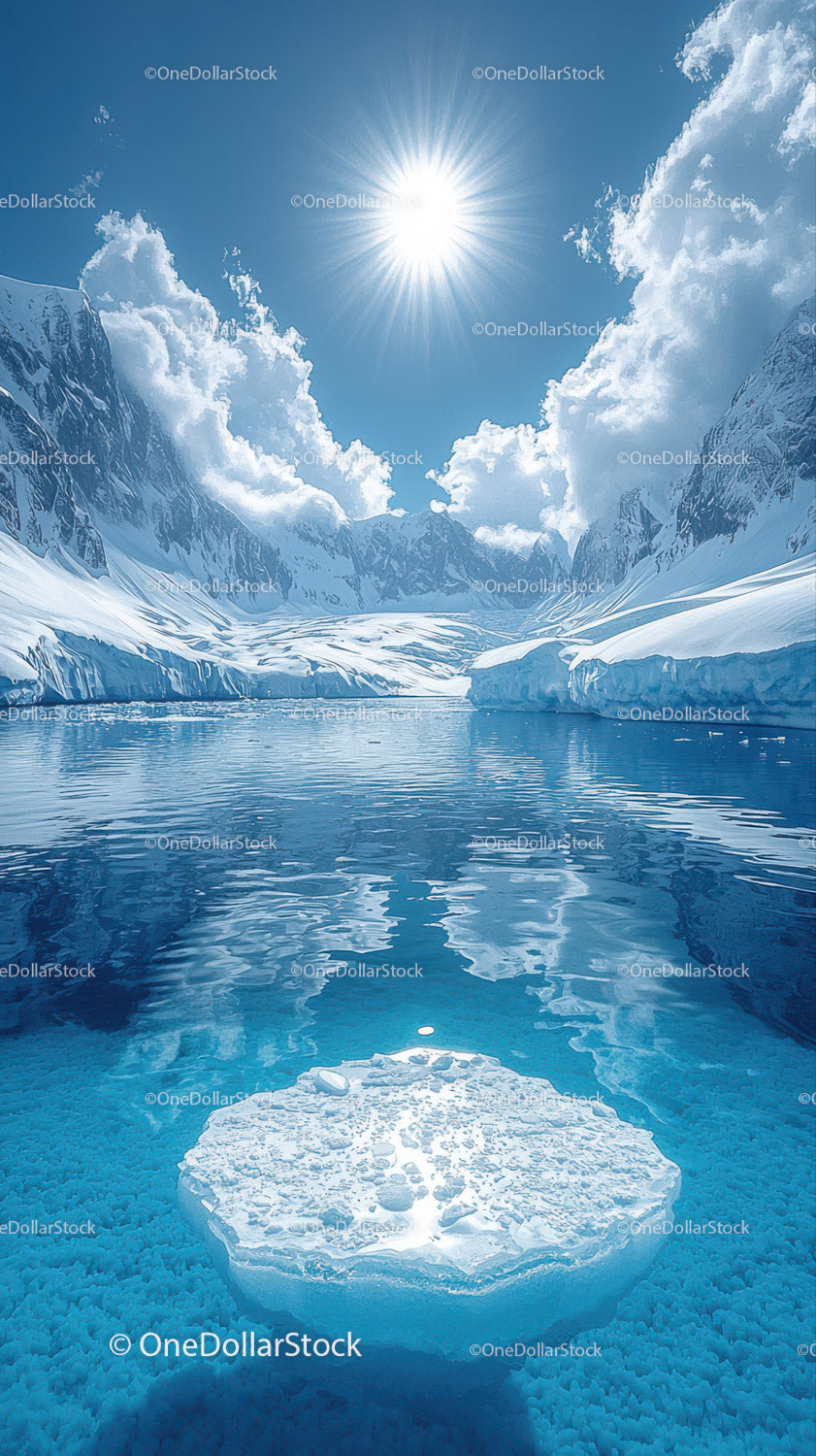 Majestic Snow-Capped Mountain with Glacial Lake Under Bright Sun