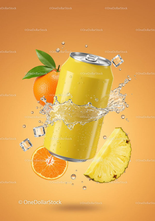 Refreshing tropical fruit soda can with splash and ice JPG Mockup Image