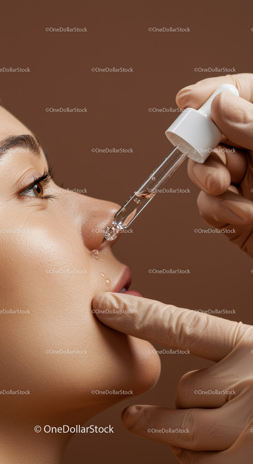 Zbliżenie kobiety stosującej spray do nosa dla zdrowia i dobrego samopoczucia