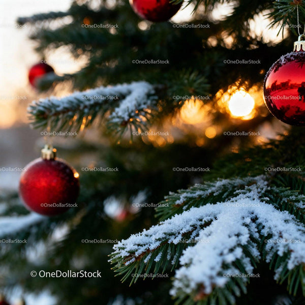 Snow Covered Pine Branches with Red Christmas Ornaments