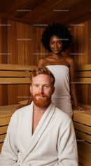 Relaxing Sauna Session with Smiling Man and Woman in Wooden Interior