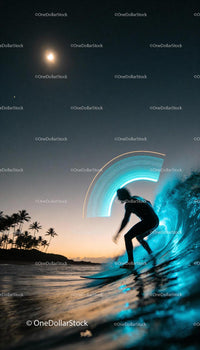 Surfer Riding Night Wave Illuminated by Light Trails