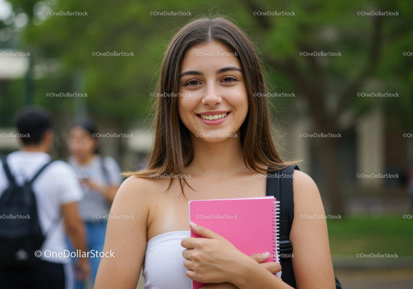 Uśmiechnięta studentka z różowym zeszytem w parku na zewnątrz