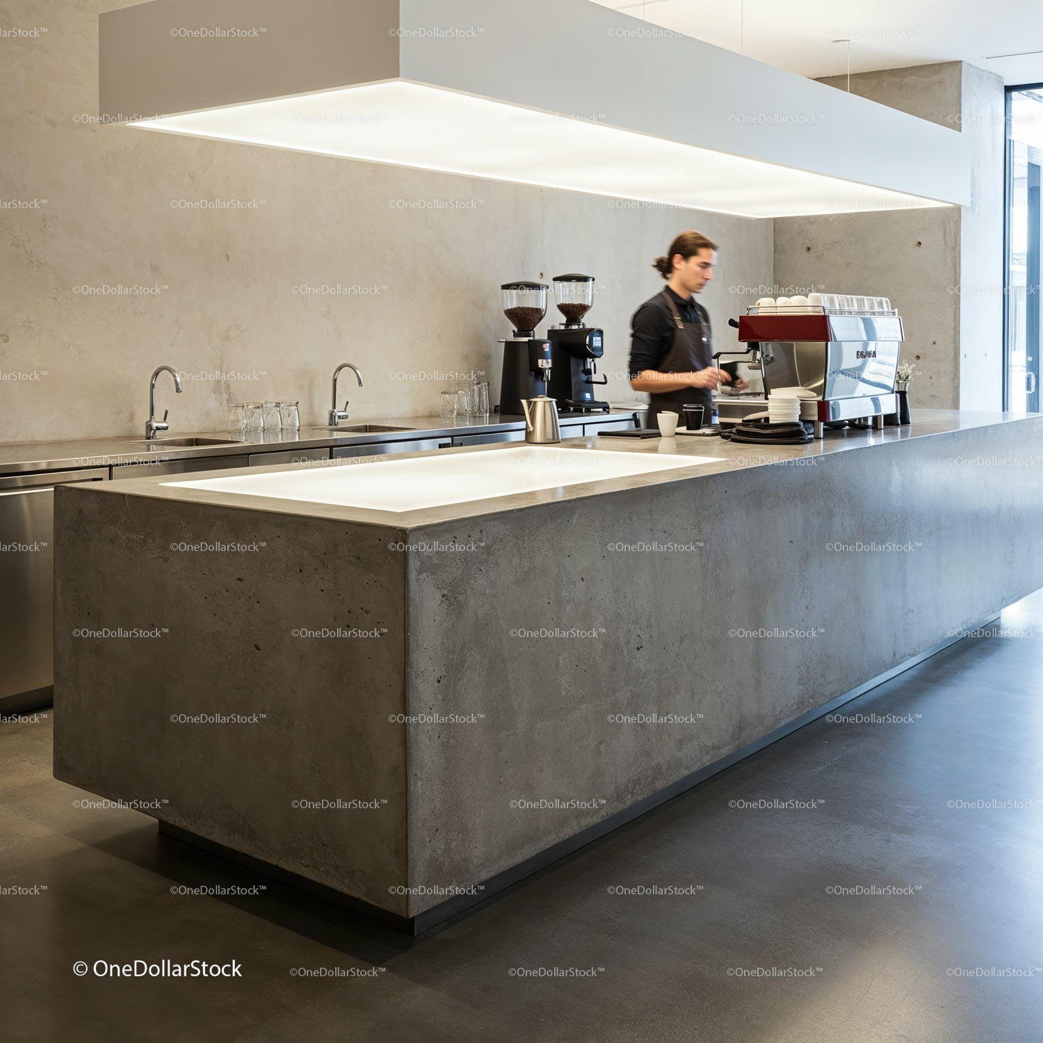 Barista preparing coffee in modern minimalist cafe