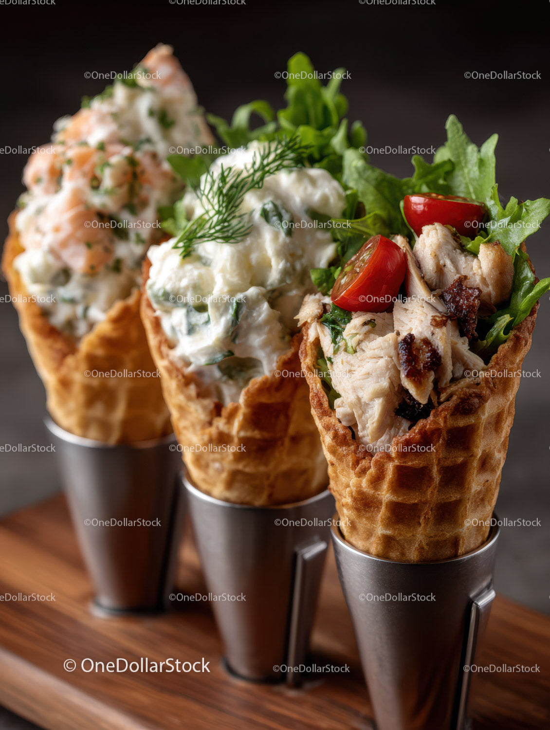 Ice Cream Cones with Chicken, Fresh Tomatoes and Greens in Waffle Cones